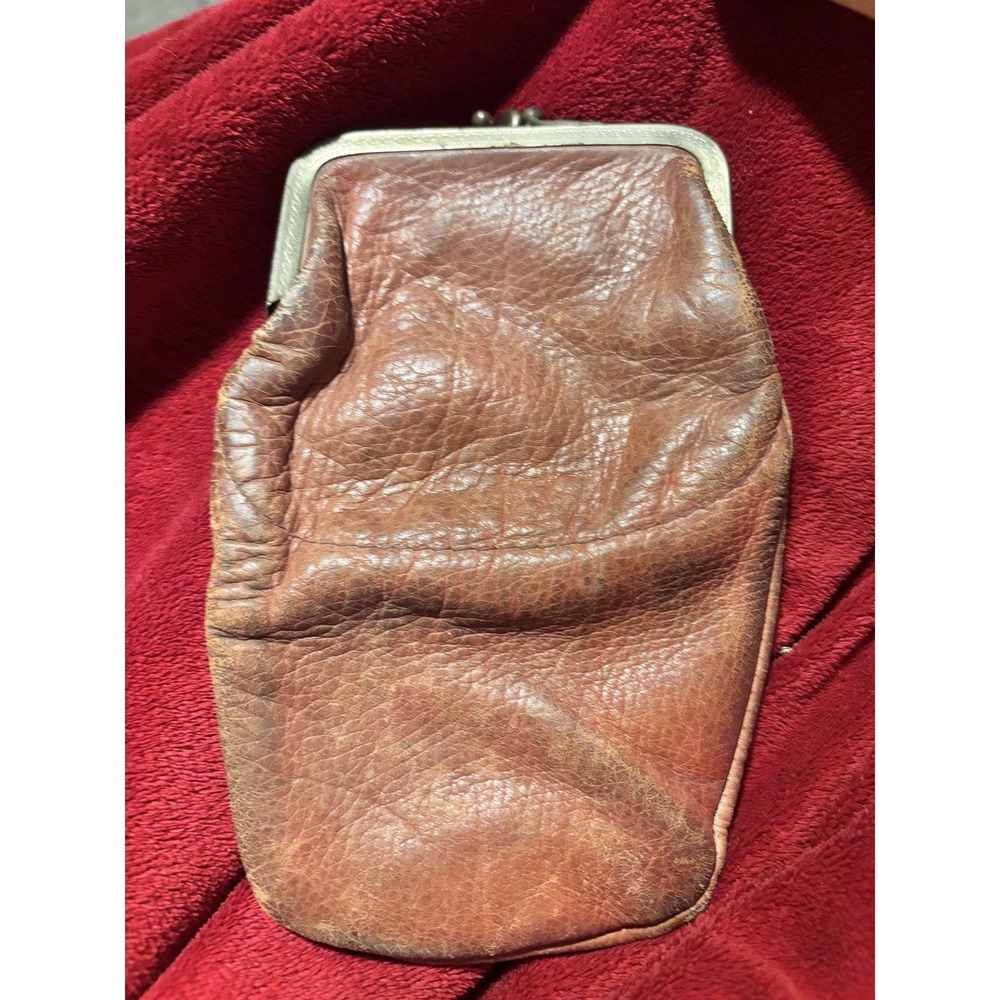 VTG Brown Leather Double Framed Triple Kiss Clasp 6x4 Coin & Long Pocket (desc) - Picture 2 of 8